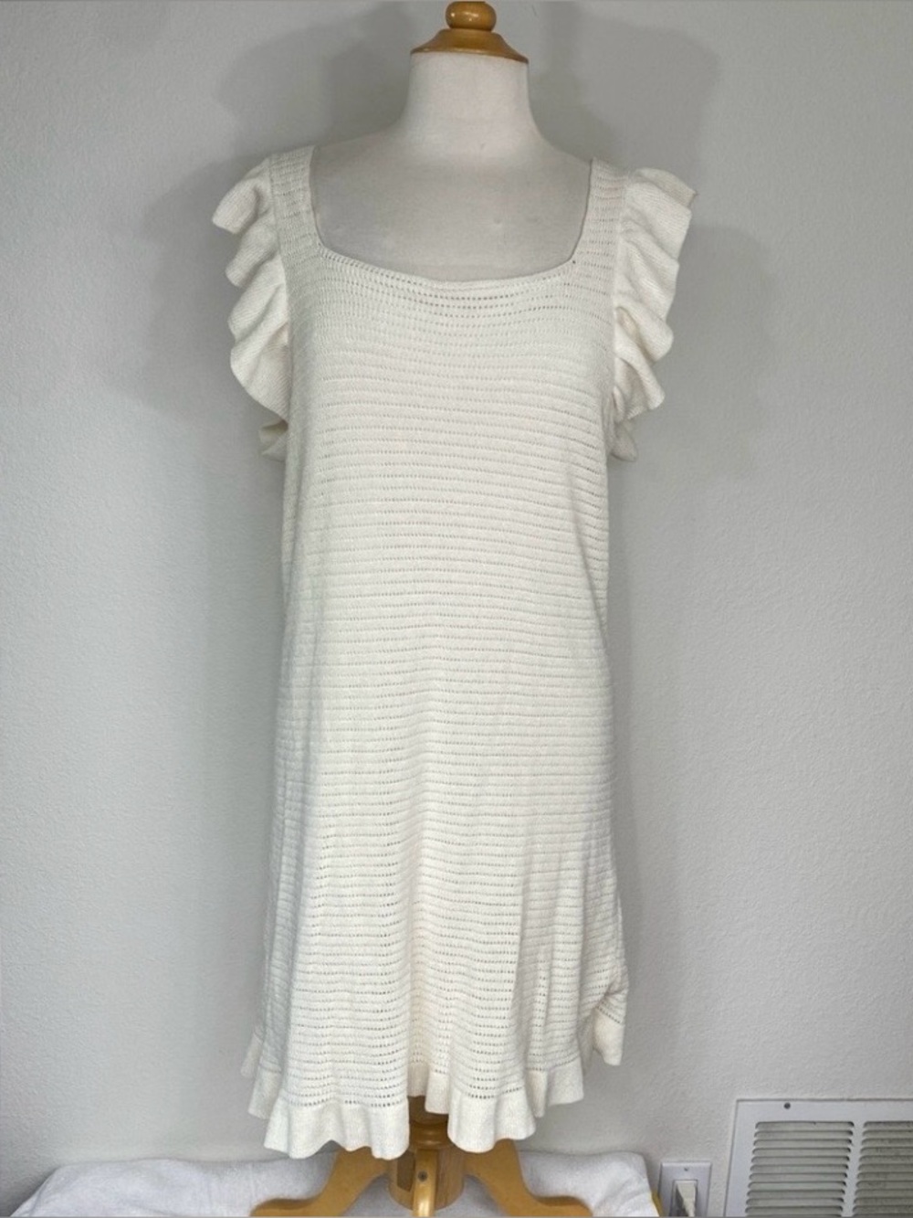 NWT New Anthropologie Women's Ivory Ruffle Pointelle Knit Mini Dress XL Coastal